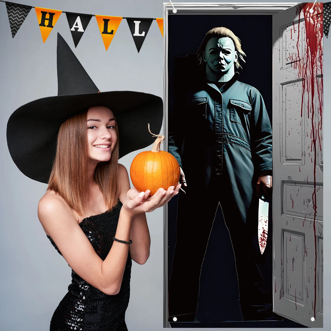 Scary Halloween Door Cover Halloween Door Banner,Door Decor cover classic horror movie character horror-themed birthday parties
