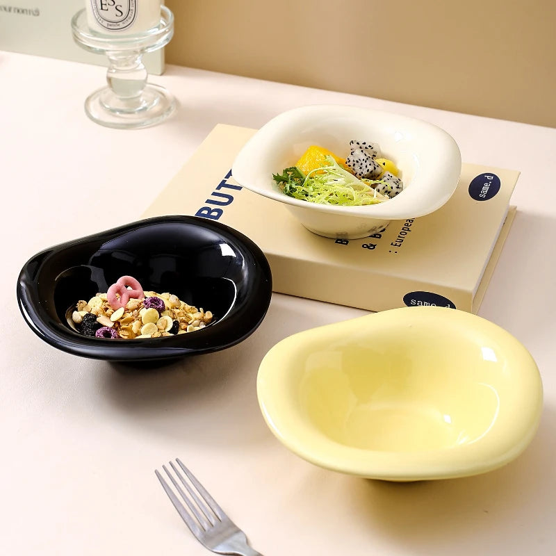 Ceramic Salad Bowls Creative Wavy Design Dessert Bowl Solid Color Cream Style Afternoon Tea Fruit Bowl  Household Cafe Tableware