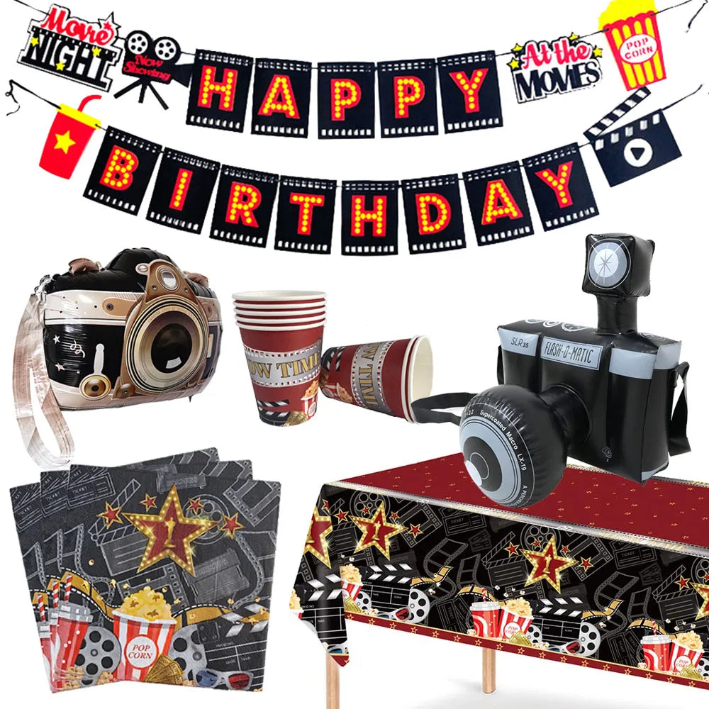Movie Night Theme Decoration Inflatable Camera Plastic Tablecloth PaperTableware Banner Happy Birthday Movie Night Party Supplie