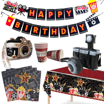 Movie Night Theme Decoration Inflatable Camera Plastic Tablecloth PaperTableware Banner Happy Birthday Movie Night Party Supplie