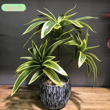 36cm 3-Heads Artificial Palm Tree Plastic Bamboo Branch Tropical Potted Plants Fake Grass For Home Desktop Plant Wall Decor