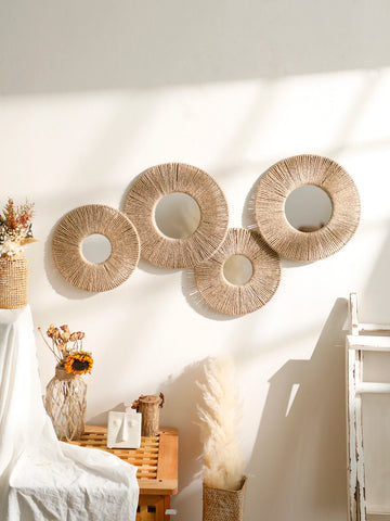 Round Wall Mirror Hanging Decorative Mirrors With Woven Hemp Rope Boho Mirrors for Bedroom Living Room Bathroom Wall Decor Gift