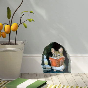 1PC 3D Effect Mouse Hole Sticker Read Flowering Branch Mouse Cute Animal Home Decor Residue Free Adhesive Wallpaper 3.93x3.93in