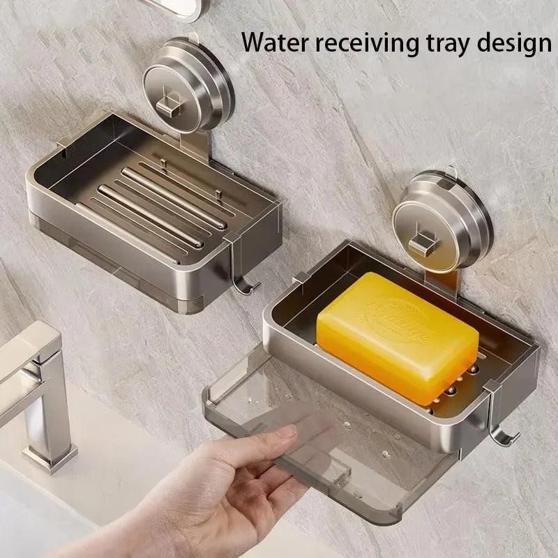Soap Box Wall Mounted Suction Cup Aluminum Drain Rack For Bathroom Washroom Toilet Vanity Countertop Storage Organizer Soap Box