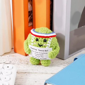 Funny Crochet Inspirational Tennis Ball With Positive Card Home Room Decoration Handmade Knitted Sports Lover Doll Party Decor