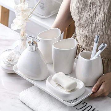 4/5 Pcs Modern Ceramic Bathroom Accessory Set with Pump Dispenser Tumbler Toothbrush Holder and Soap Dish Bathroom Supplies