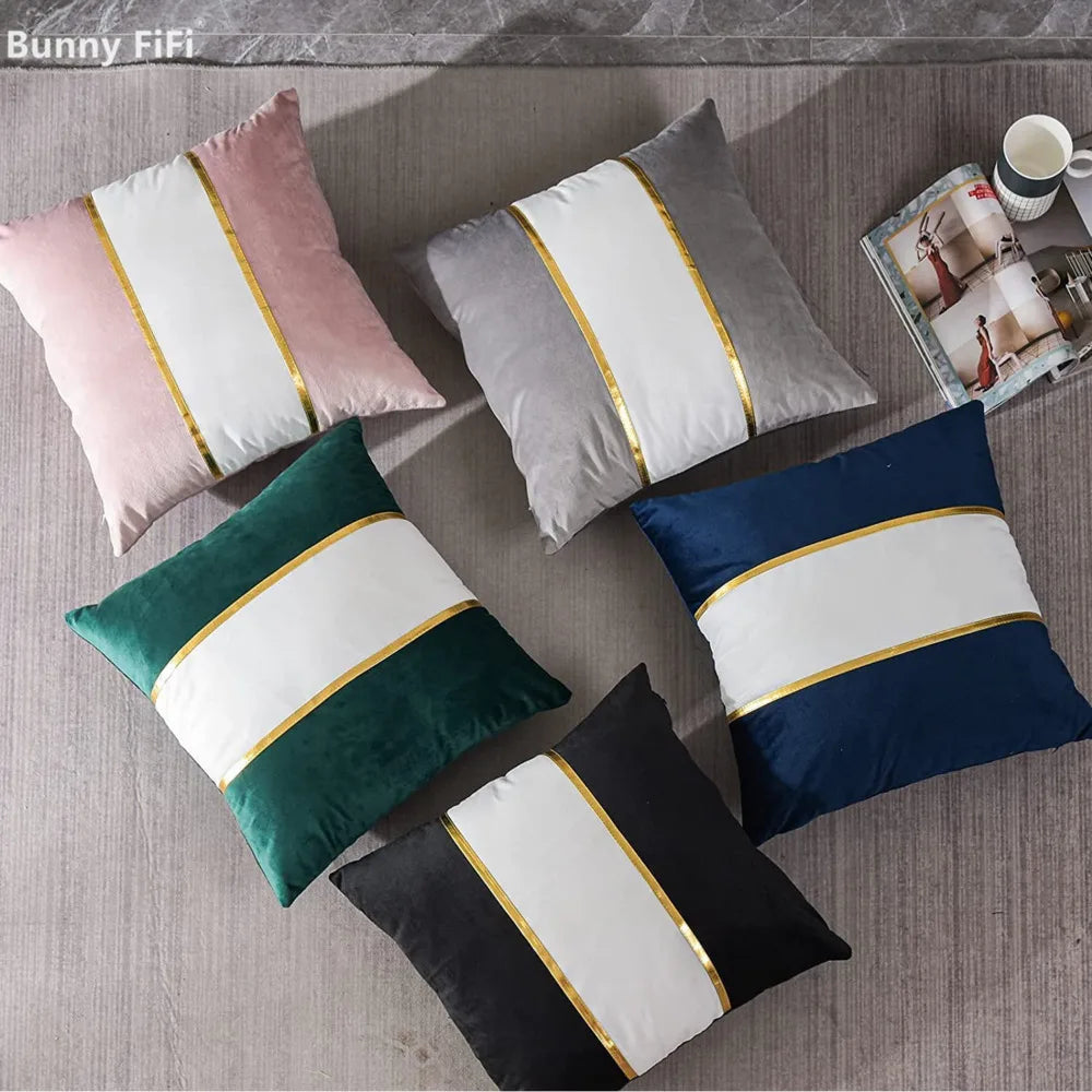 2pcs Velvet Decorative Throw Pillow Covers Solid Patchwork With Gold Leather Cushion Covers For Living Room Sofa Bedroom Decor