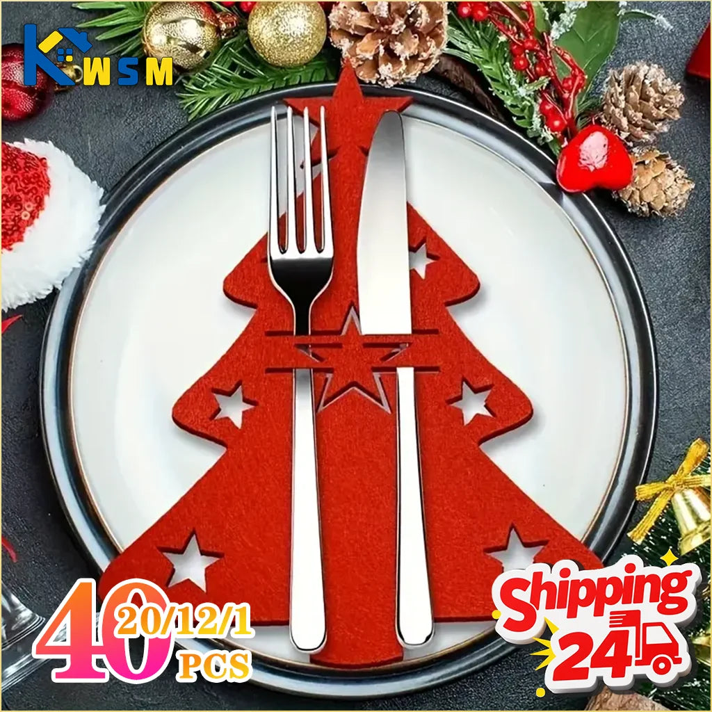 Christmas Tree Cutlery Holder Felt Fork Spoon Bag Set Festive Tableware Organizer for Holiday Dinner Party Table Decoration