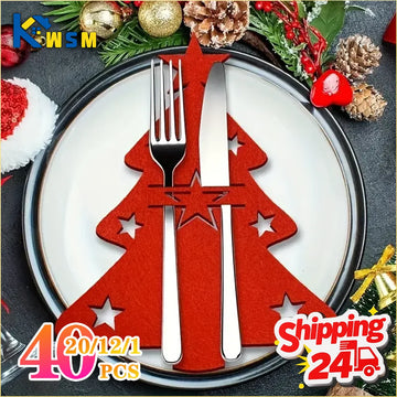 Christmas Tree Cutlery Holder Felt Fork Spoon Bag Set Festive Tableware Organizer for Holiday Dinner Party Table Decoration