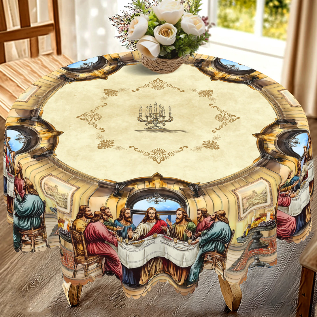 1 Piece, the Last Dinner Theme Tablecloth + 4 Self-Adhesive, Retro Scene Printing, Embossed Edge, Woven Polyester Fabric, Round/Rectangular Tablecloth, for Home Decoration, Kitchen Decoration, Outdoor Garden, Holiday Party, R