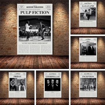 Minimalist Black and White Movie Poster Retro Newspaper Film Print Wall Art Painting Forrest Gump/Pulp Fiction Modern Home Decor