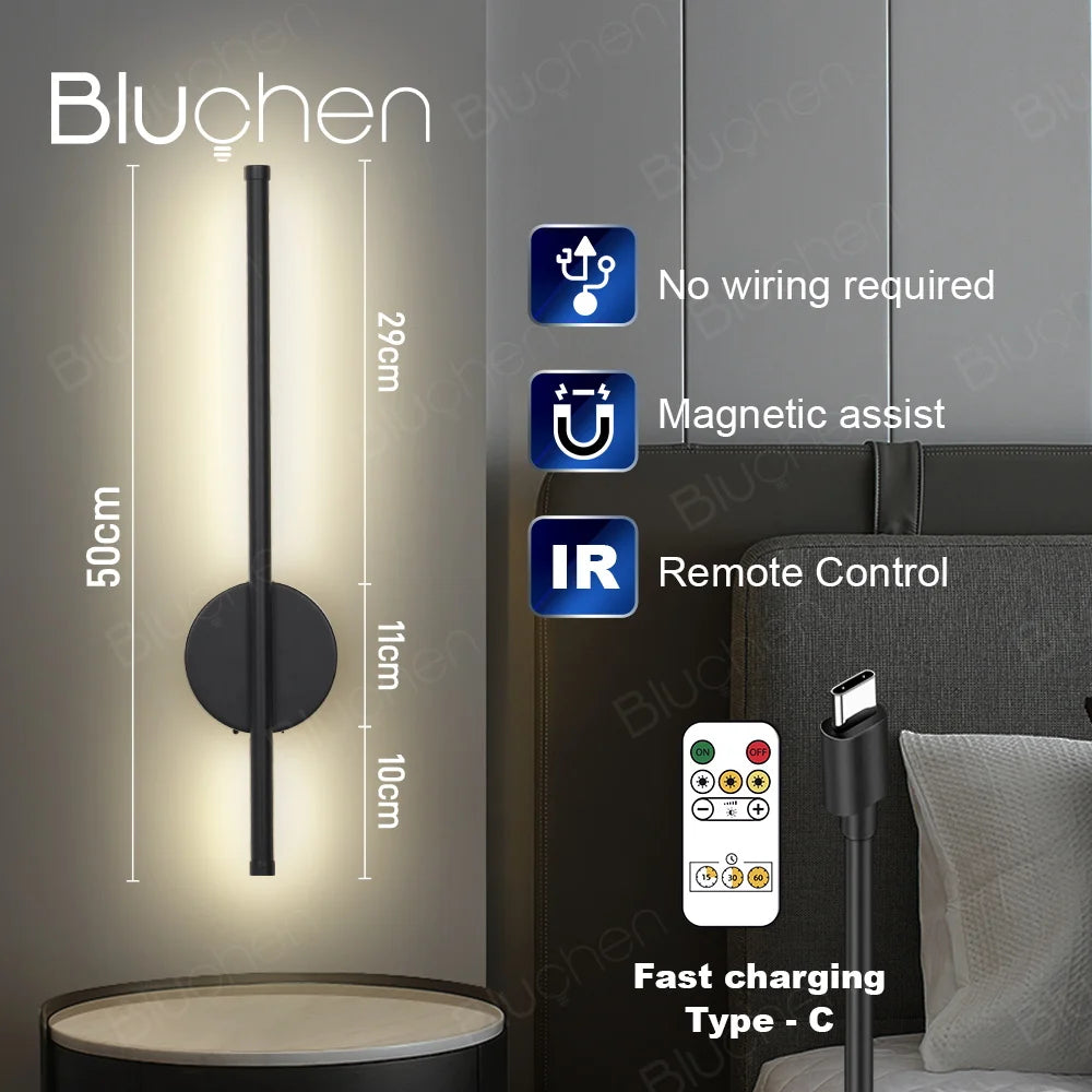 Wireless LED Wall Lamp 5V Rechargeable 50cm 80cm Wall Light with Remote Control Modern Bedroom Bedside Lamp Black