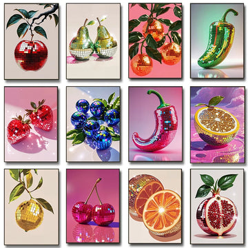 Funky Disco Ball Fruits Posters Maximalist Kitchen Dopamine Strawberries Prints Canvas Painting Wall Art Picture Home Room Decor