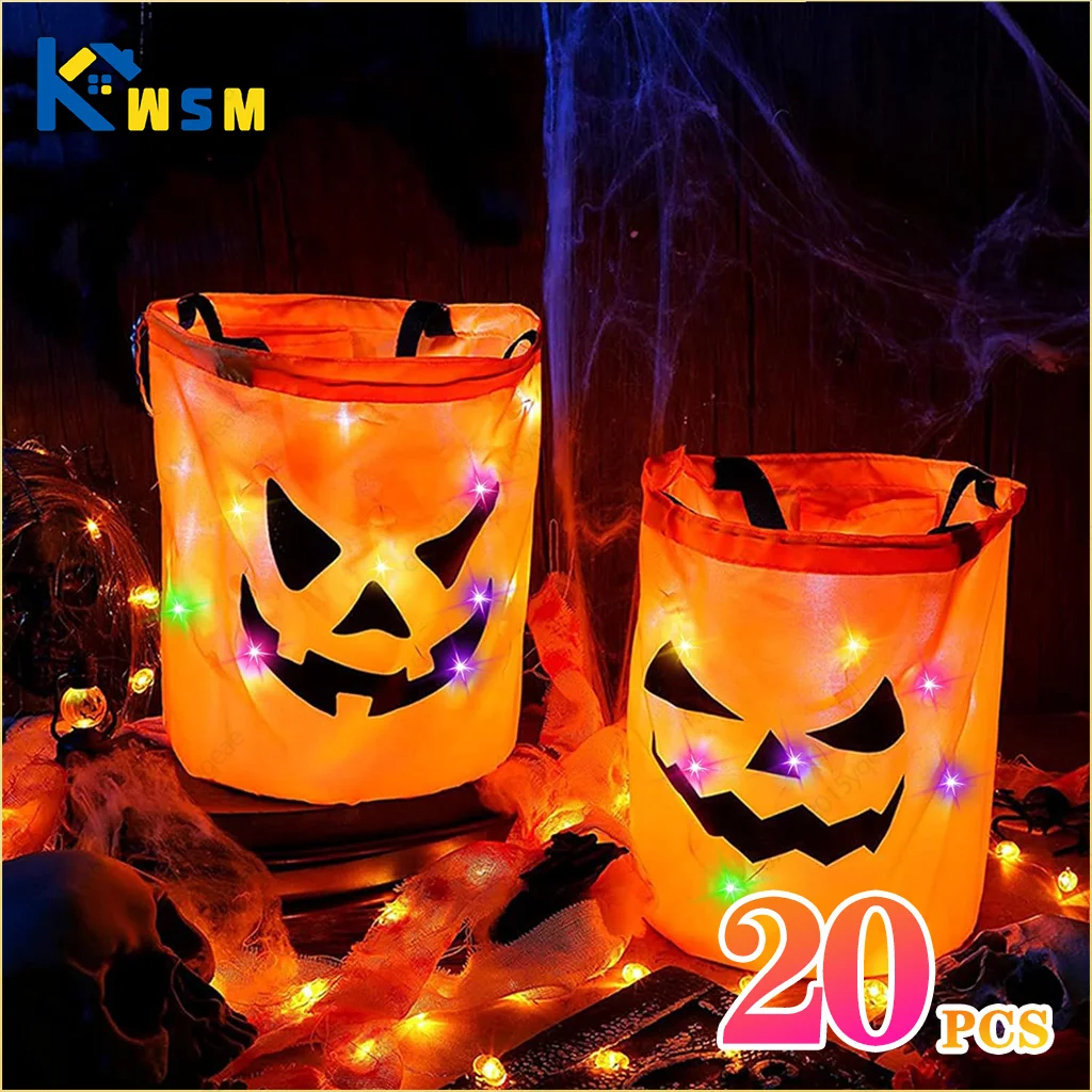 20PCS Handheld Glowing Pumpkin Bags New Glowing Bags Halloween Birthday Gift Bags LED Glowing Pumpkin Bags for Decoration