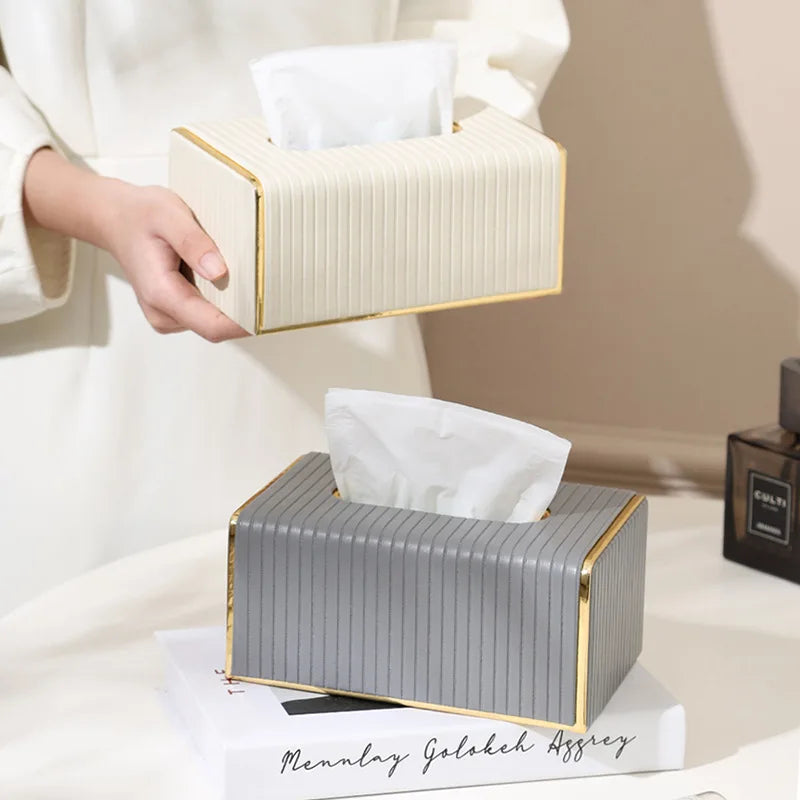 Tissue Box Cover,White Rectangle Leather Tissue Box Holder with Gold-Tone Edging Decoration,Decorative Tissue Cover for Bathroom