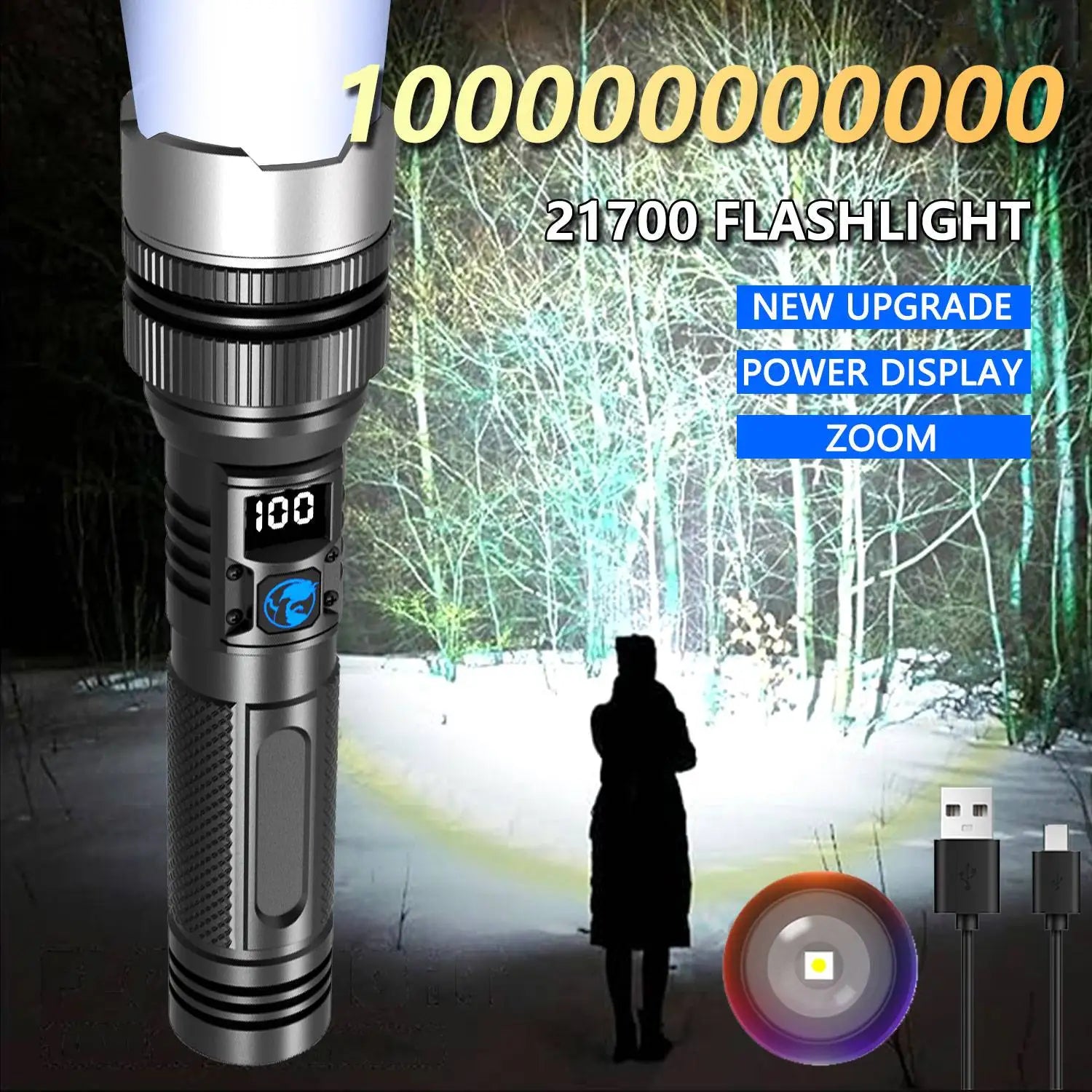 100000000000LM New Upgrade Rechargeable LED Flashlights 3 Lighting Modes Power Bank Telescopic Zoomable Torch 21700 Battery