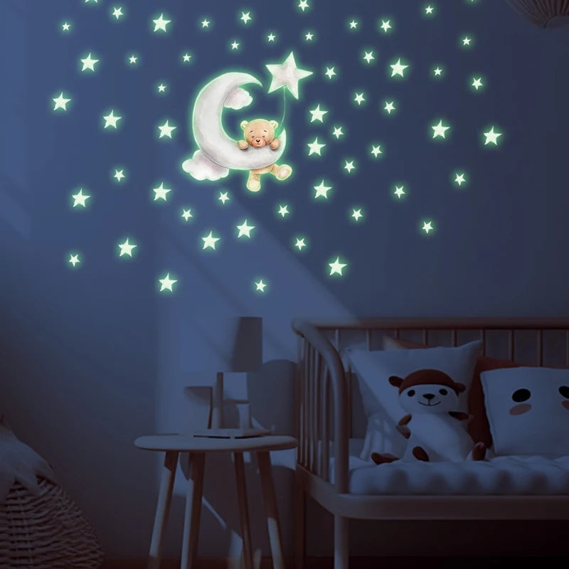 Luminous DIY Wall Stickers For Kids Rooms Glow In The Dark Stars and Moon Shine Sticker Children's Bedroom Little Bear Decals