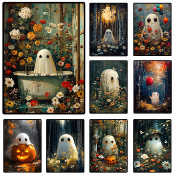 Modern Cute Ghost and Pumpkin Poster Bathtube Ghost Floral Dark Academia Canvas Painting Wall Art for Halloween Room Home Decor