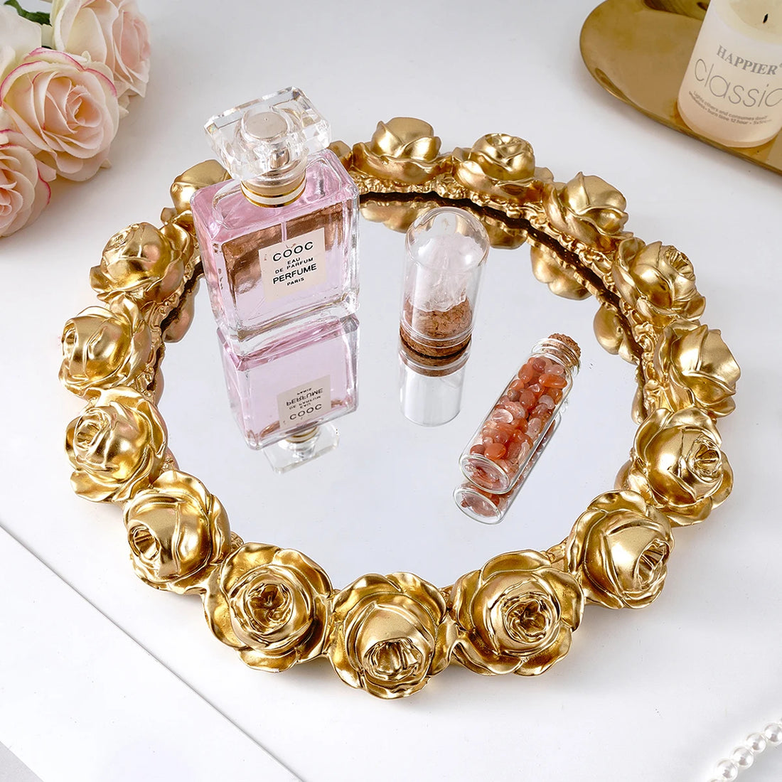 1PC, a simple European rose garron-shaped mirror decorative tray, a resin material hand-painted home decoration handicraft