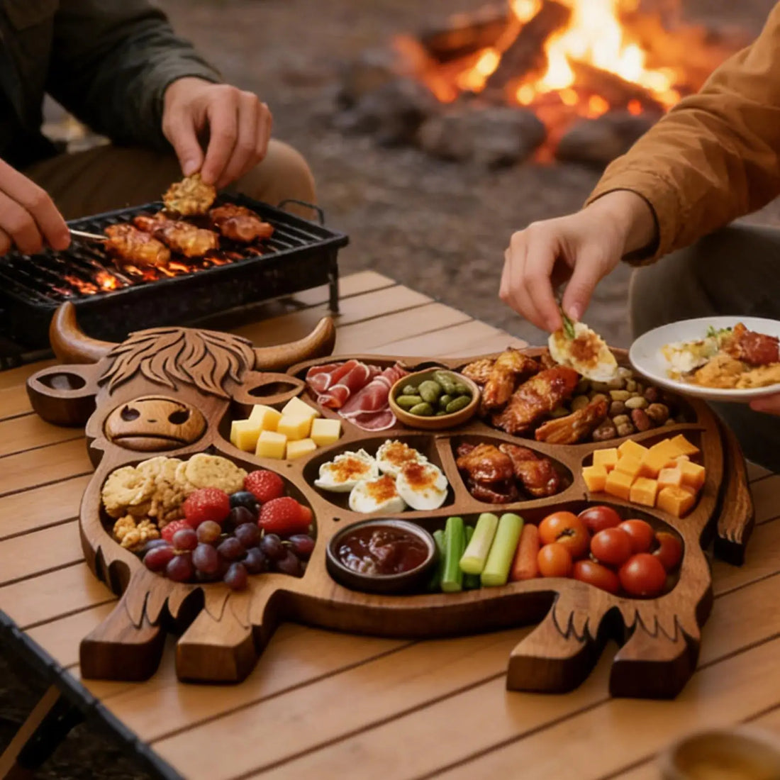 High Land Cow Wooden Charcuterie Board with Compartments for Snack Fruit Meat Cheese Serving Tray Farmhouse Family Party