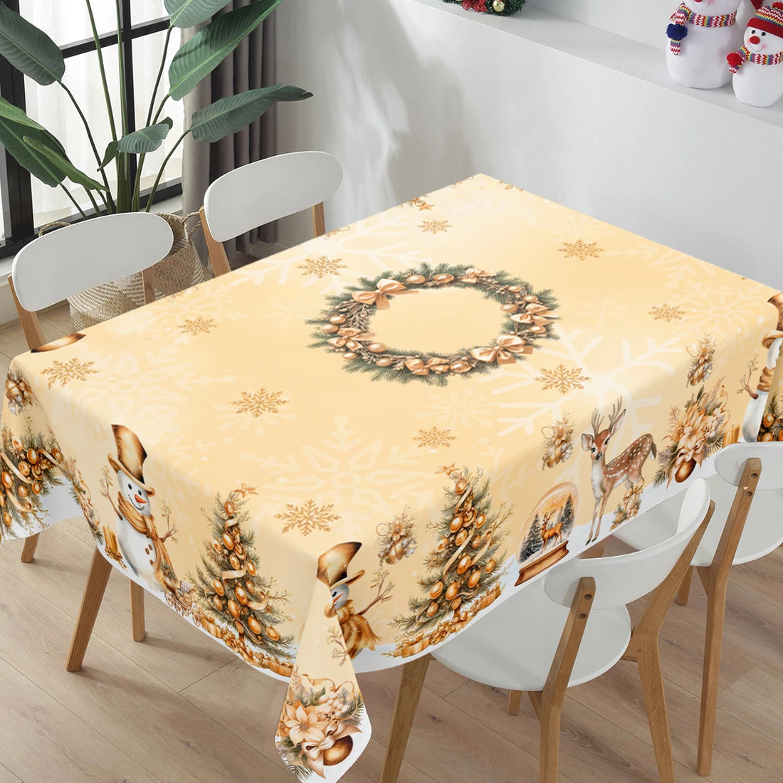 Vintage Christmas Tablecloth Tree Wreath Golden Snowman Table Cover Christmas Decorations for Home 2025 Gifts Navidad New Year