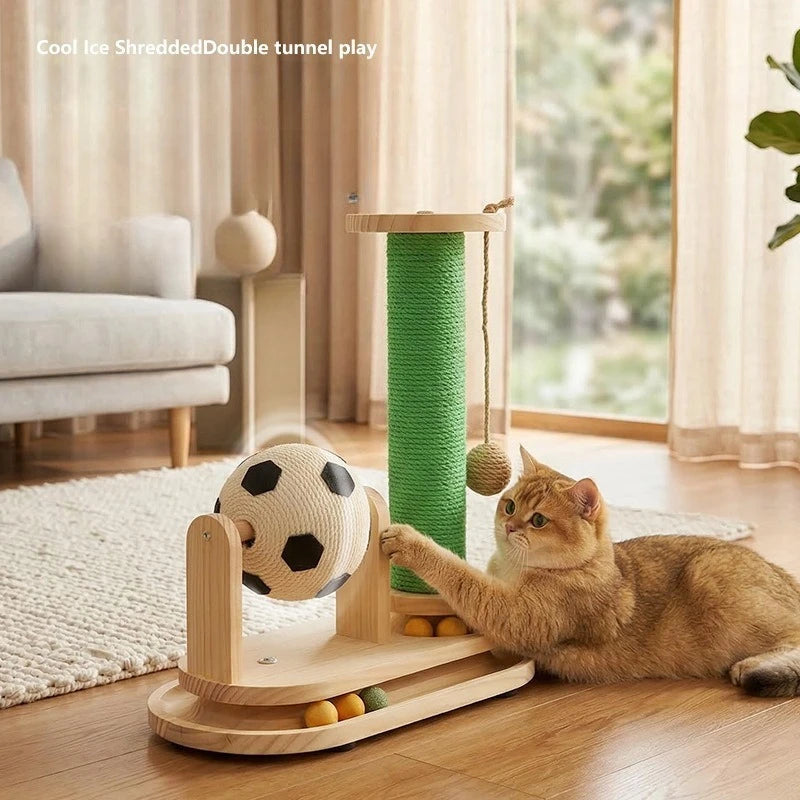 Space-Saving Cats Scratching Post with Soccer Ball Toy Sisal Cats Scratcher Small Space Interactive Anti-Anxiety Indoor Cats Toy