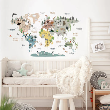 Cartoon Large World Map Animals Theme Educational Wall Stickers Nordic Nursery Art Decals for Kids Room Study Room Decoration