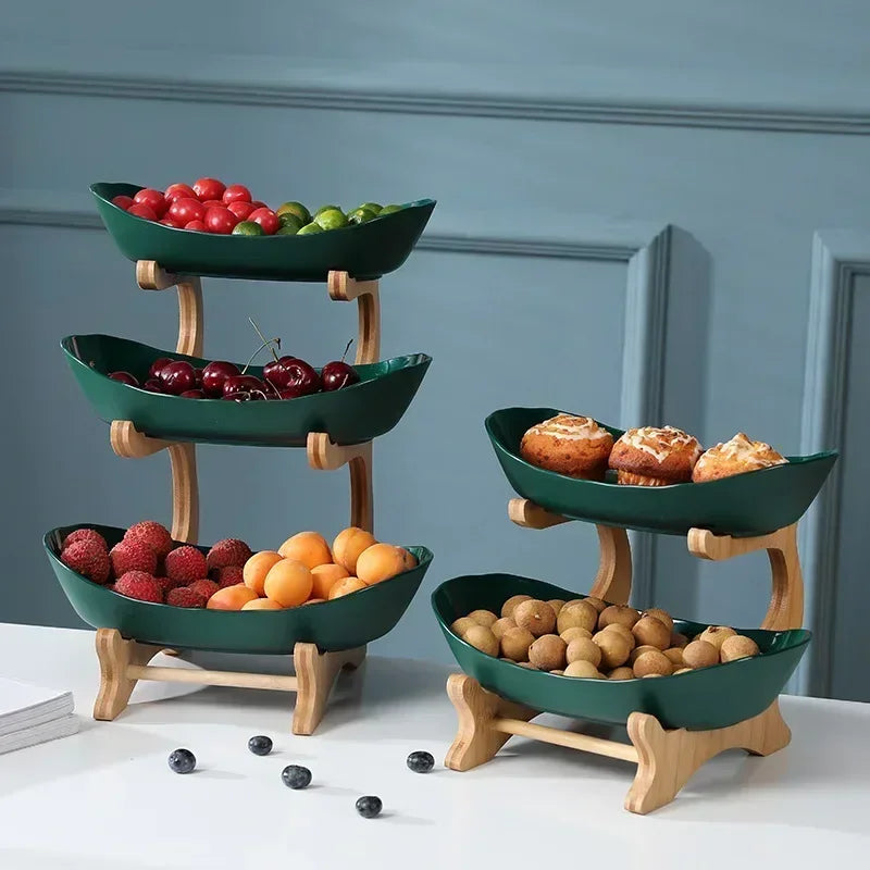 1 2 3 layer Kitchen Fruit Bowl Plate Household Bamboo Shelf Dried Fruit Tray Creative Dim Sum Plate Fruit Tray Living Room
