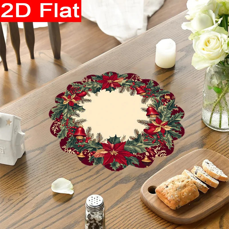 VIKAMA 8PC Christmas Placemat Holly Leaf Magenta Bell Pattern Home Dining Table Desktop Decoration And Accessories