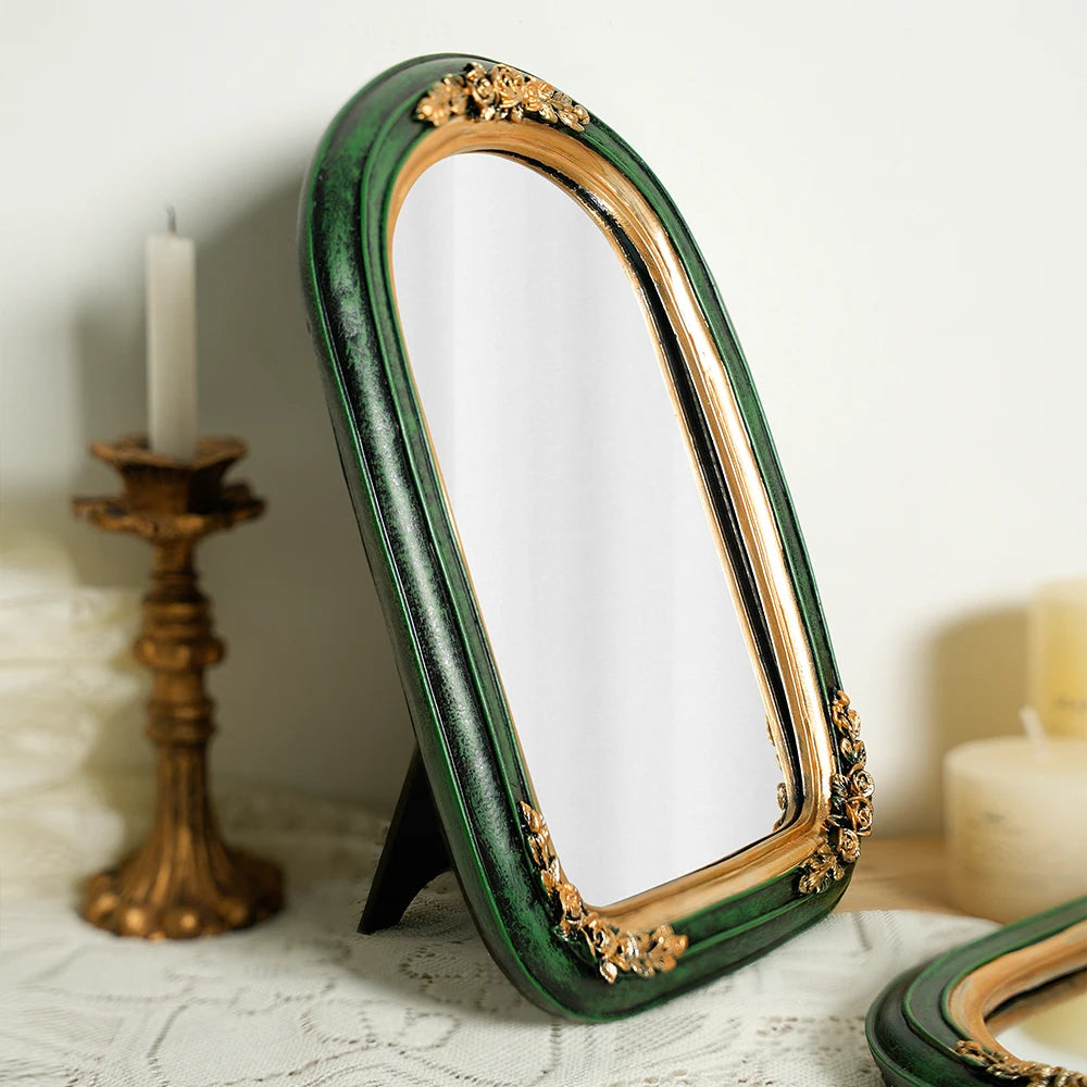 European light luxury resin embossed green carved mirror makeup mirror vintage resin photo props girl makeup mirror