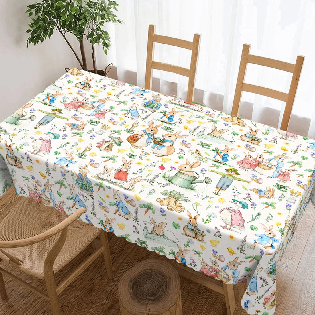 1 Piece, Peter Rabbit Themed Printed Tablecloth + 4 Self-Adhesive Stickers, Embossed Edges, Suitable for Home Kitchen, Living Room Dining Table, Balcony Coffee Table, Holiday Party Tabletop Decoration Tablecloth, Outdoor Picn