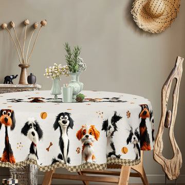 1 Piece, Cute Dog-Themed Round/Rectangular Tablecloth + 4 Self-Adhesive Stickers, Polyester Fabric, Six Different Breeds of Cute and Adorable Cartoon Dogs Printed, Embossed Edges, Suitable for Home Kitchen, Living Room Dining