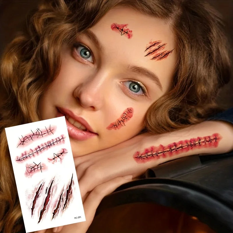 5/10pcs Halloween Scar Temporary Tattoo Stickers Red Blood Clot Face Tattoo Waterproof Cosplay Gifts For Men Women Party Decor