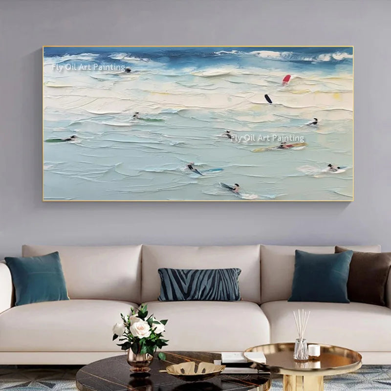Blue White Summer Day People Swim In The Sea Canvas Oil Painting Handpainted Modern Seascape Wall Art Decor For Home As Gift