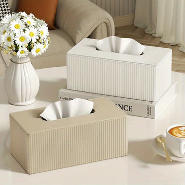 1pc Luxury Leather Tissue Box Holder, Striped Design 3 Colors, Square Tissue Box Cover for Home Office Bathroom