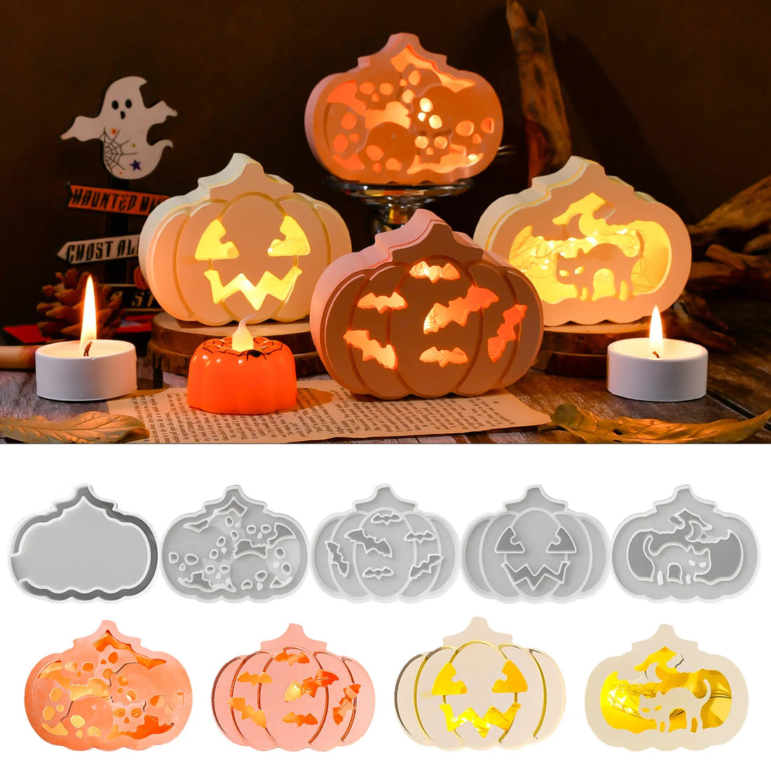 Diy hollow pumpkin silicone mold Halloween home horror ornaments decorative epoxy resin gypsum cement concrete mix casting molds