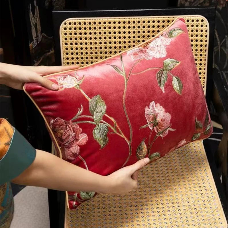 Luxury Floral Embroidery Home Chair Decorative Pillow Cover Lumbar Armchair Sofa Velvet Cushion Cover 35x50cm 1 Piece Pack
