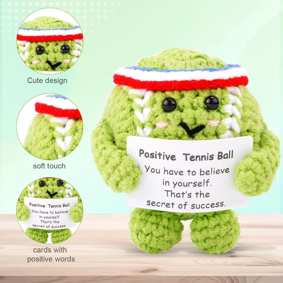 Funny Crochet Inspirational Tennis Ball With Positive Card Home Room Decoration Handmade Knitted Sports Lover Doll Party Decor