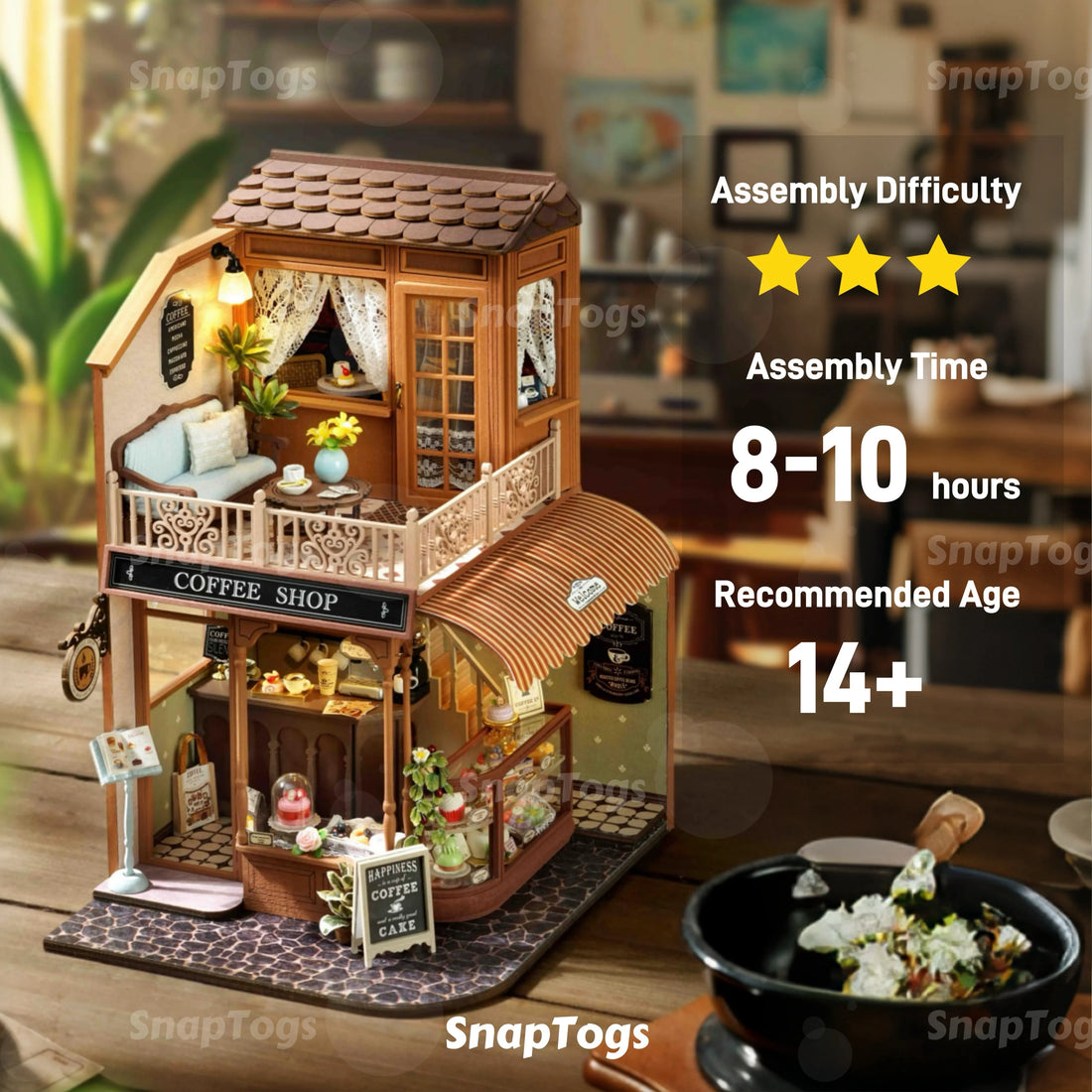 SnapTogs DIY Miniature Duplex café Wooden Building Blocks Kit House Roombox Book Nook Tiny Doll House Gift Gift Decor Music Box