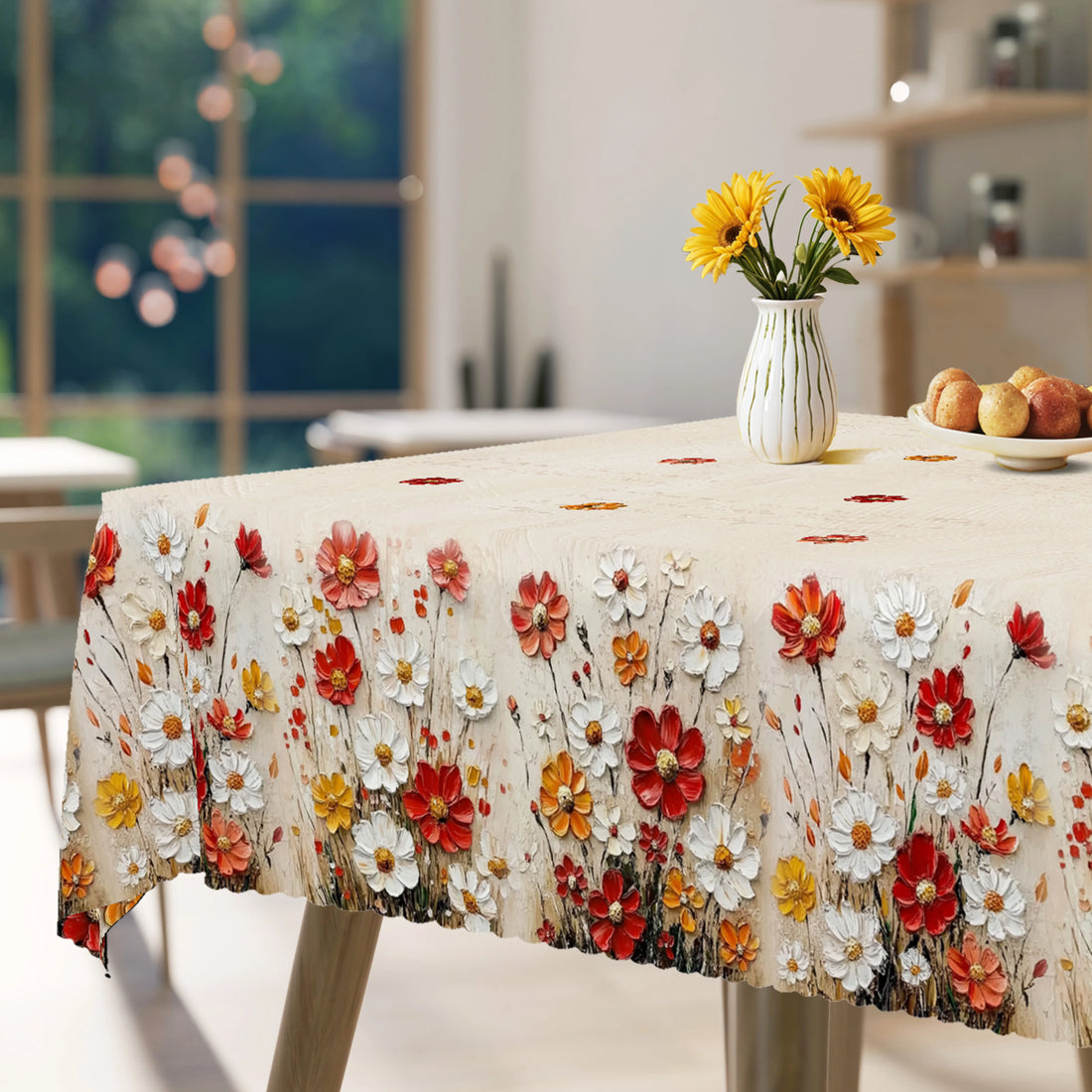 1pc Oil Painting Of Floral Pattern Polyester Tablecloth with Scalloped Edge, Suitable for Home Kitchen Decor, Room Decoration