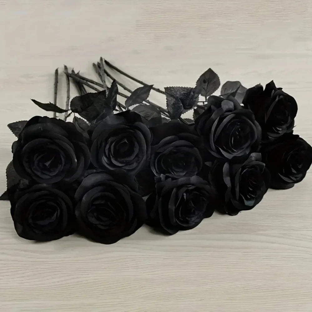5/10pcs Artificial Black Roses for Home Decor, Long Stem Fake Flowers No Vase, Wedding Halloween Party Table Centerpiece