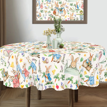 1 Piece, Peter Rabbit Themed Printed Tablecloth + 4 Self-Adhesive Stickers, Embossed Edges, Suitable for Home Kitchen, Living Room Dining Table, Balcony Coffee Table, Holiday Party Tabletop Decoration Tablecloth, Outdoor Picn