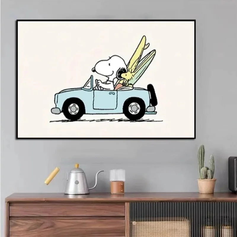 Snoopy Beach Vacation Cartoon Painting Minimalist Nordic Wall Art Surfing Poster Fun Canvas Print Nursery Kid Room Decor Cuadros