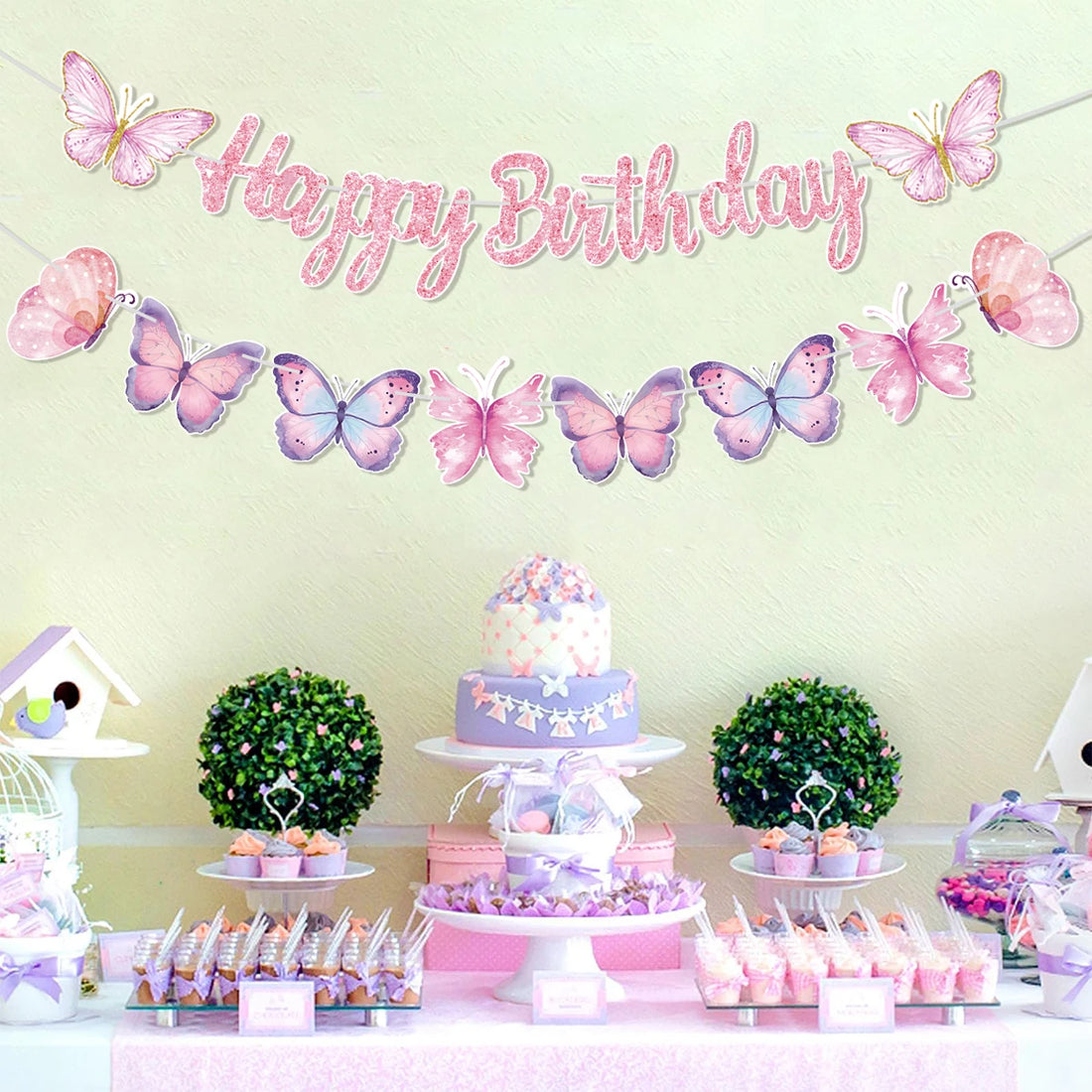 Pink Happy Birthday Banner With Butterfly Dancing Hanging Pendant Garlands  Girls Princess 1st Happy Birthday Party Decorations