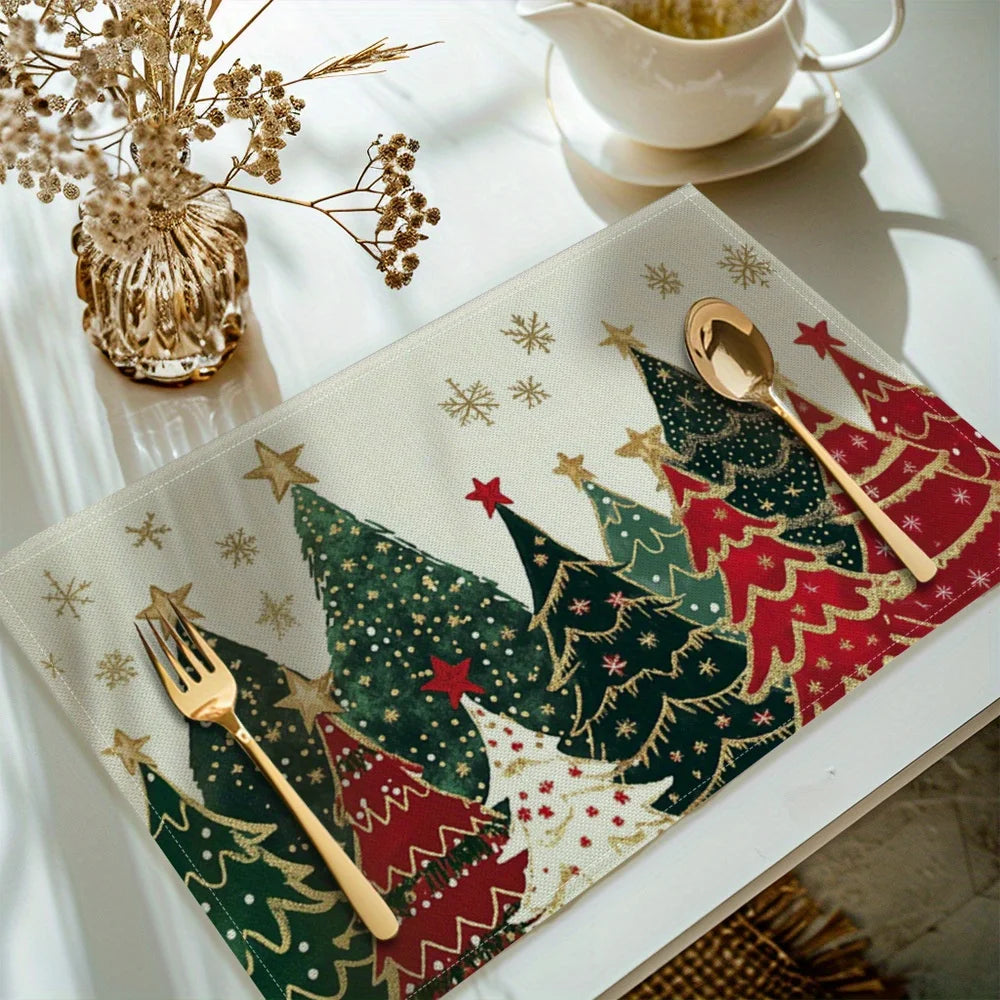 VIKAMA 4/6/8/10Pcs Christmas Tree Printed Placemats, Washable Kitchen Table Mats, Christmas Decorative Placemats