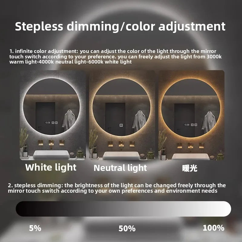 Round Mirror Wall-mounted Smart Bathroom Mirror Led Touch Screen High Definition Anti-fog Luminous Wall-mounted Mirror
