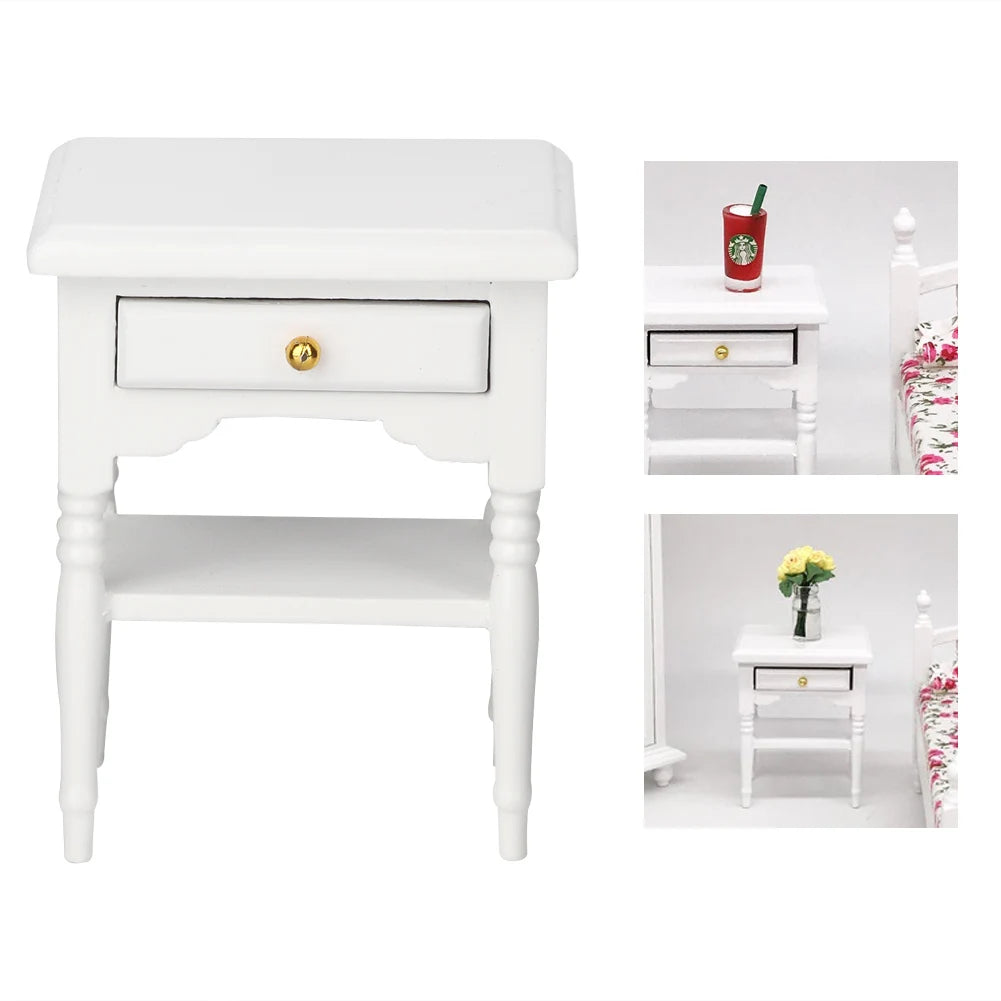 Wood Bedside Table Furniture Toy Wood Bedside Table 1:12 White Mini Bedroom Furnishing Articles Wooden Bedside Table Model