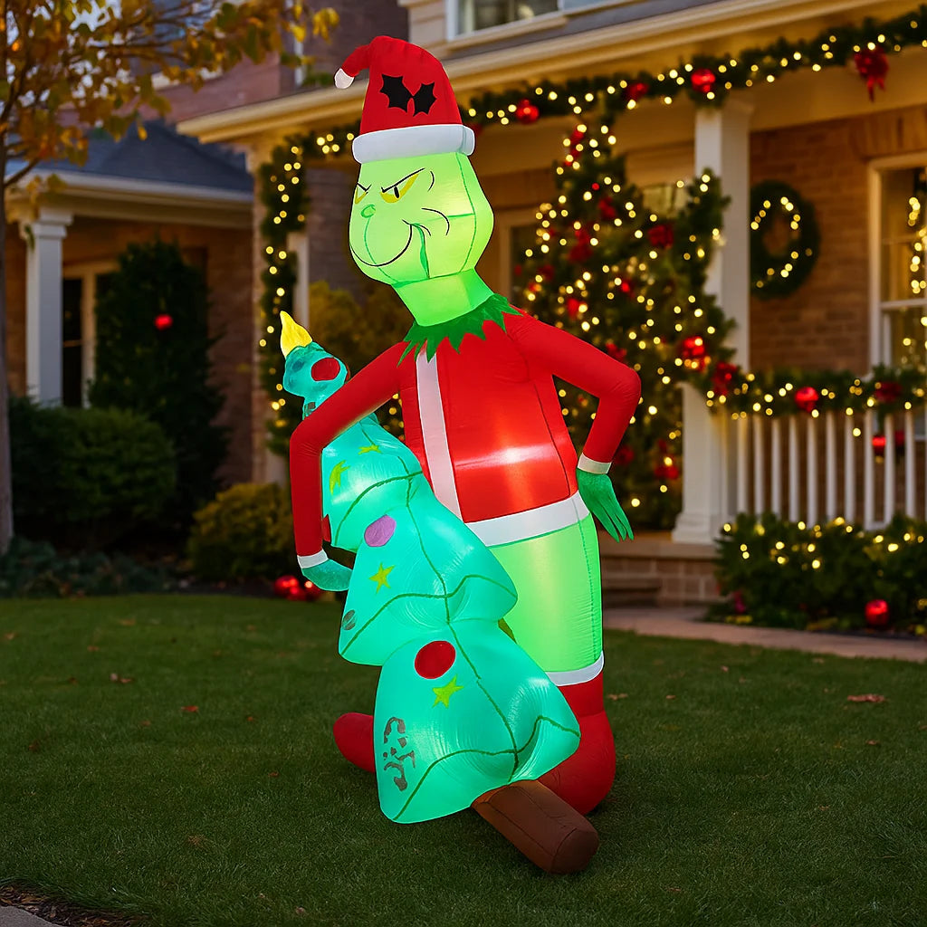 2.1M/6.8FT Grinch Holding Christmas Tree Inflatable Model Christmas Decor LED Lights Holiday Outdoor Decor Home Yard Party Toy