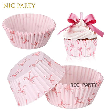 Pink Bow Cupcake Toppers Wrappers Baking Cups for Kid Birthday Party Tableware Baby Shower Wedding Bridal Showers Party Decors