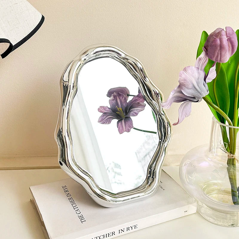 Wavy Irregular Asymmetrical Mirror Vanity Nordic Aesthetic Oval Desk Mirror Makeup Standing Girls Espelhos Home Decorations